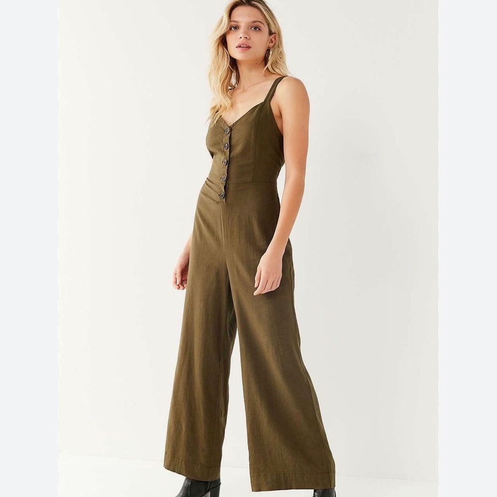 Urban Outfitters Linen Blend Tie Backโ Wide Leg Jumpsuit Boho Olive Green Small